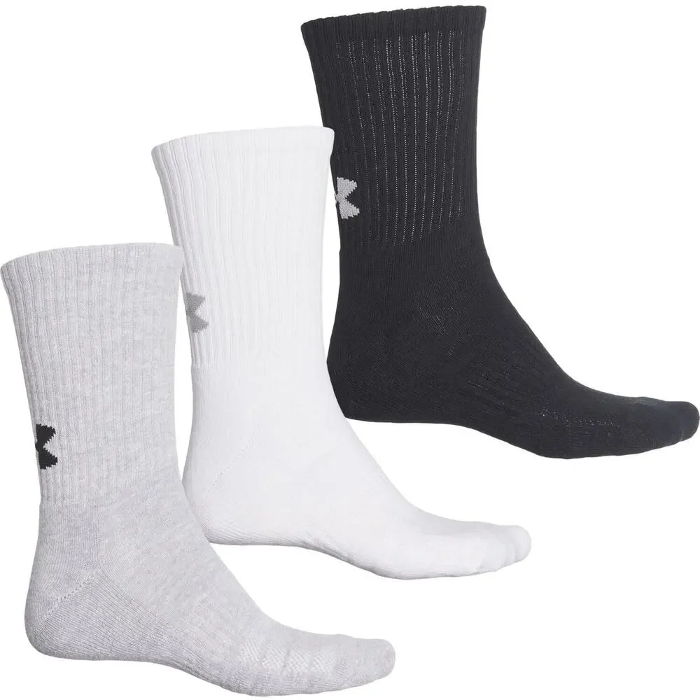 Under Armour Men’s Training Cotton Socks 3 Pairs Crew Gray White Black Large NEW